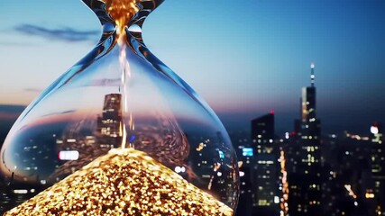Golden sand flows through hourglass against a stunning city skyline at dusk, capturing time passing, deadlines, and the fleeting nature of opportunity