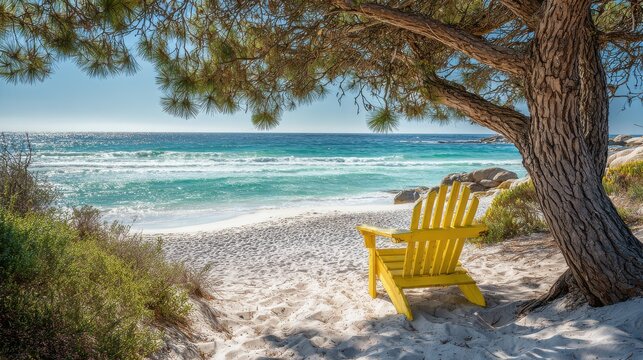 A yellow chair sits under a tree near the shore. Waves crash on the sandy beach. The sun shines in the afternoon sky with clear, blue waters visible