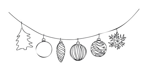 Festive string of Christmas ornaments including a tree, baubles, and snowflake for holiday celebration and winter decor, perfect for seasonal promotions and greeting cards.