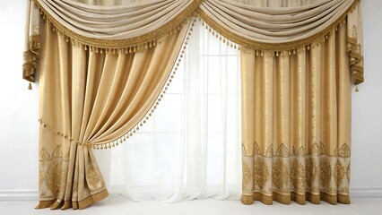 Elegant gold curtains with decorative accents against isolated background With shadow. AI GENERATED.