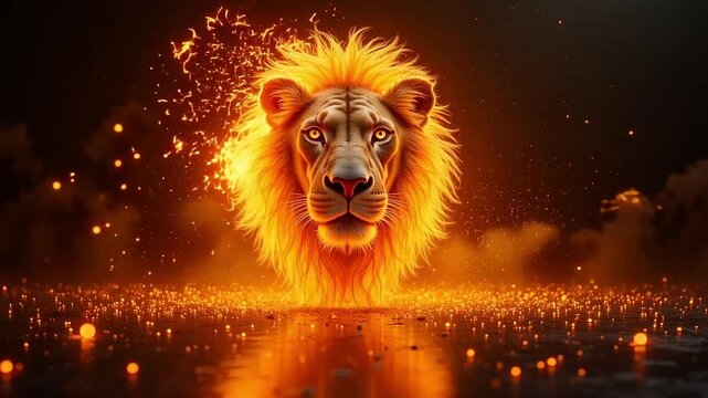 Majestic lion with fiery mane roaring in the darkness, a symbol of power and courage, inspiring strength and leadership, perfect for motivational content