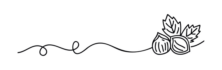 Hand drawn line graphic of hazelnuts with leaves and decorative vine flourishes suitable for food branding and organic product design