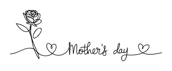 Minimalist continuous line drawing of a rose and hearts with Mothers Day text celebrating maternal love and appreciation, perfect for greeting cards and gift tags.