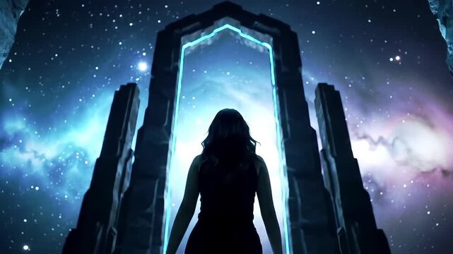 Woman silhouette walking into a vibrant, glowing portal to another universe full of stars and nebulas for fantasy or sci-fi concept
