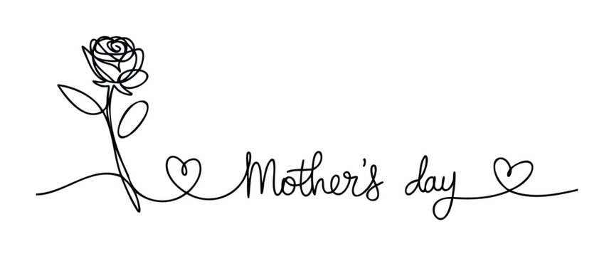 Minimalist continuous line drawing of a rose and hearts with Mothers Day text celebrating maternal love and appreciation, perfect for greeting cards and gift tags.