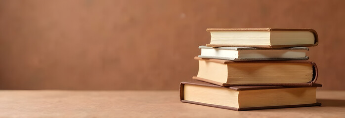 Side view of a small stack of old hardcover books on a warm brown tabletop against a blurred brown wall. Minimalist education and reading concept with plenty of negative space on the left, suitable