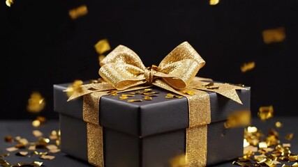 Black gift with gold bow amidst falling gold confetti - Powered by Adobe