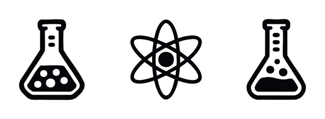 Collection of scientific icons featuring laboratory flasks with bubbling liquids and an atomic symbol, perfect for use in educational materials, scientific research presentations, or