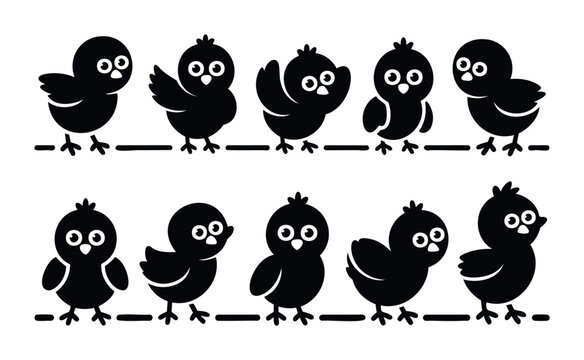 Ten adorable black chick silhouettes with big eyes and cute expressions, perfect for spring and Easter themes, ideal for childrens books, greeting cards, and educational materials.