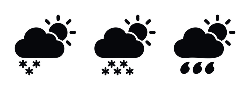 Diverse weather condition icons for forecasts and climate information, showcasing sun with snow, sun with heavy snow, and sun with rain, useful for weather apps and reporting.