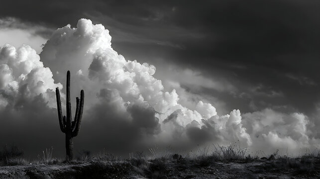 Storm clouds gathering over a barren desert with a single cactus silhouette - Powered by Adobe