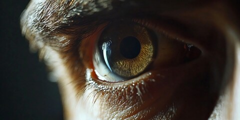 A close-up of a person's eye with a blurred city night scene as the backdrop. The eye appears to be looking downwards and has an intense gaze.