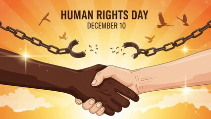 Celebrate Human Rights Day with a powerful visual of unity and freedom on December 10th featuring diverse hands shaking in solidarity and broken chains