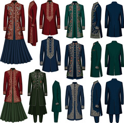 Isolated a various designs of wedding Sherwani vector art with a white background .