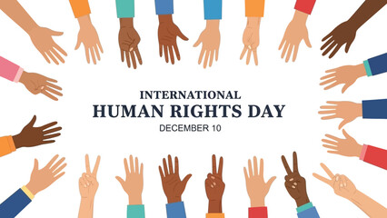 Multicultural hands united for International Human Rights Day on December 10th symbolizing global diversity, equality and peace for all people