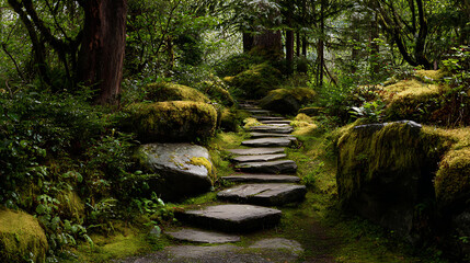 A path of stepping stones winding through a lush, mossy forest (3)