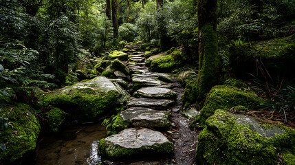 A path of stepping stones winding through a lush, mossy forest