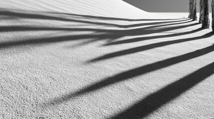 Graphic Minimalism: Crisp Linear Reed Shadows on Pristine Concrete Floor with Dramatic Sunlight
