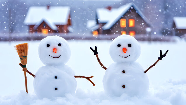 Two cheerful snowmen with carrot noses and twig arms in a snowy landscape snowman winter - Powered by Adobe