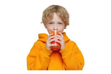 Kid Drinking Juice for Healthy Habits, Refreshment, and Nutrition on White or Transparent Background PNG, High-Resolution Studio Shot