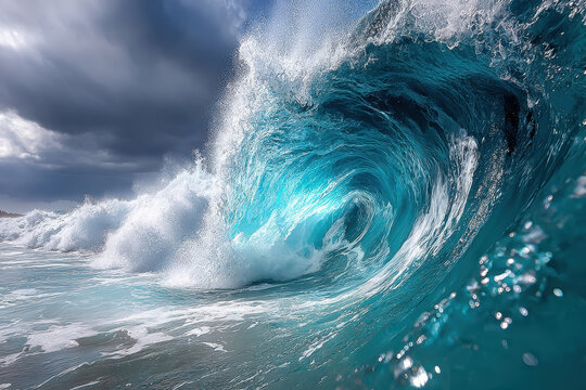 Giant turquoise ocean wave crashing under stormy skies