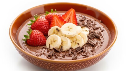 Chocolate pudding bowl with fresh strawberries, banana, chocolate