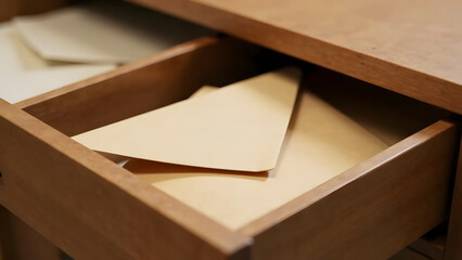 Close-up of an open wooden desk drawer filled with large brown paper envelopes. Minimal home office or workplace scene suggesting document storage, confidential paperwork, mail organization or