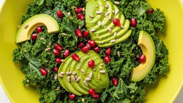 Colorful healthy kale salad with avocado, pomegranate, seeds