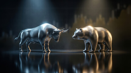 Dynamic bull and bear statues symbolizing stock market trends and financial investments for modern business marketing and investment strategy visuals