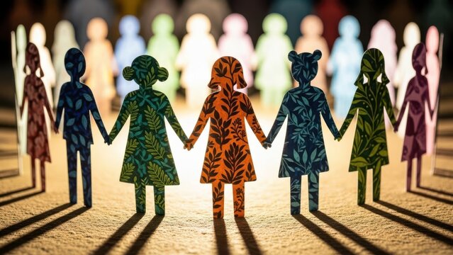 Diverse paper chain figures holding hands, symbolizing unity