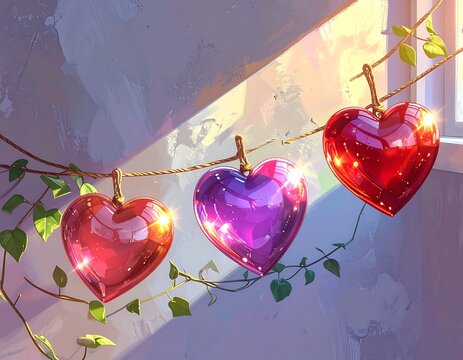 Three shiny, heart-shaped ornaments hanging on a rope