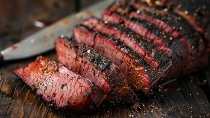 Succulent grilled steak sliced to perfection. A feast for meat lovers. This footage captures rich flavors and textures. Perfect for culinary projects. Generative AI