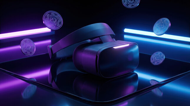 Step into the future with vibrant VR headset, visualize the metaverse and blockchain technology opportunities in a modern digital world, explore crypto gaming