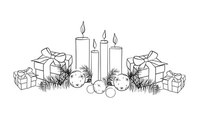 Obraz premium Christmas decorations set, continious line art drawing. New Year 2026 Christmas outline. Vector illustration