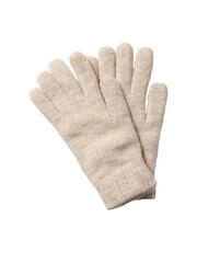 Pair of light beige knitted gloves isolated on transparent background