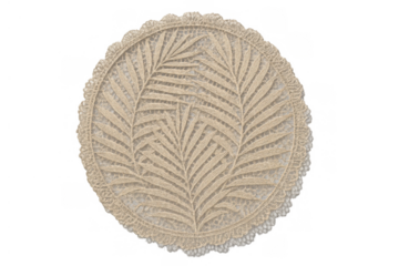 Round beige lacework doily with palm leaf embroidery creating an elegant decorative textile element