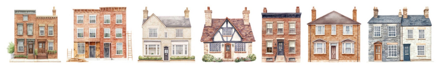 PNG Charming vintage row houses illustration, element set on transparent background