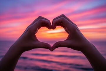 Hands creating a heart shape against a vibrant sunset backdrop.