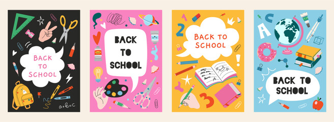 Back to school posters with books, stationery, art supplies and educational tools. Trendy modern vector illustration isolated on colorful background, hand drawn, flat design