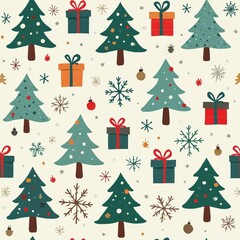 Obraz premium Festive christmas seamless pattern with cute tree gift and snowflake decoration for joyful winter holiday background
