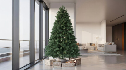 A beautifully decorated green Christmas tree stands in a cozy living room filled with ornaments and gifts for the winter holiday season