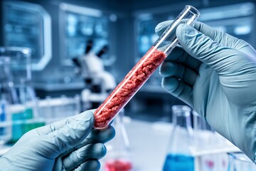 A scientist's gloved hand carefully handling a test tube of lab-grown meat in a futuristic lab.
