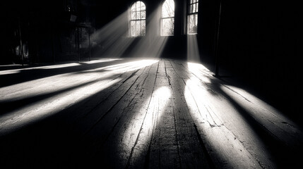 Film Noir Drama: Elongated Bamboo Shadows Cast by Spotlight on a Darkened Studio Floor