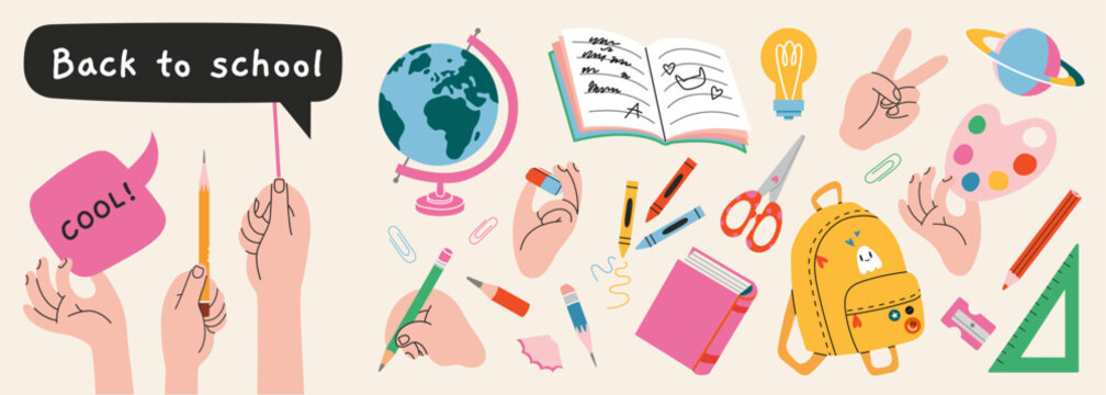 Back to school set with stationery, hands, backpack, globe, books and educational supplies. Trendy modern vector illustration isolated on light background, hand drawn, flat design