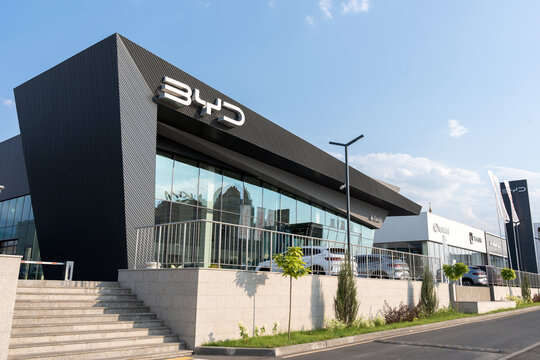 Almaty, Kazakhstan - July 17, 2025: BYD showroom in high-tech style