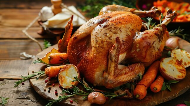Rustic roasted turkey with carrots, potatoes, herbs, and spices on wooden table