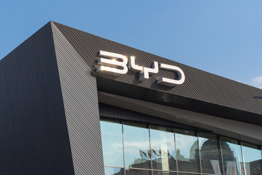 Almaty, Kazakhstan - July 17, 2025: A shiny BYD sign on a high-tech showroom
