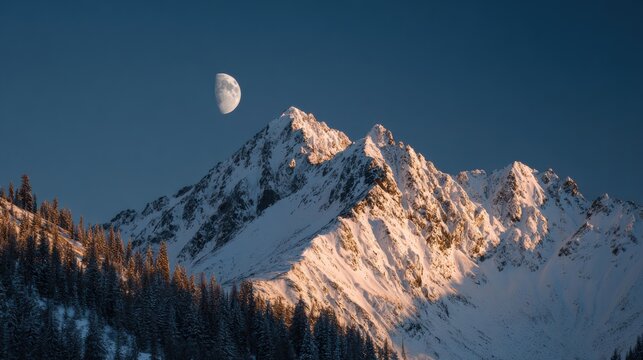 Snow-covered mountain peaks are visible against a dusk sky. The moon hangs over the mountains, while a forest of trees stands in the foreground, creating a natural scene