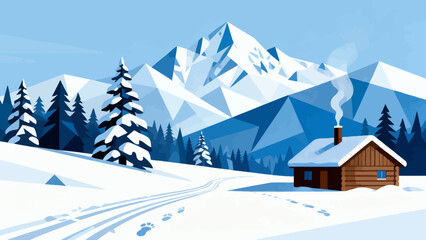 Fototapeta premium This serene winter illustration depicts a snow-covered mountain range under a clear blue sky, with snowflakes falling, scattered branches, and snow-dusted bushes.