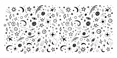Hand drawn space elements stars planets comets and moons seamless pattern